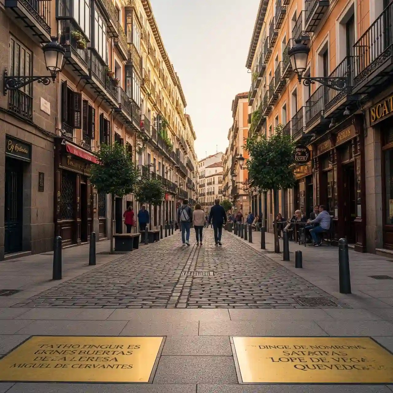 Literary Quarter Madrid People walking down a narrow cobblestone street lined with historic buildings and cafes (Barrio de las Letras Madrid)