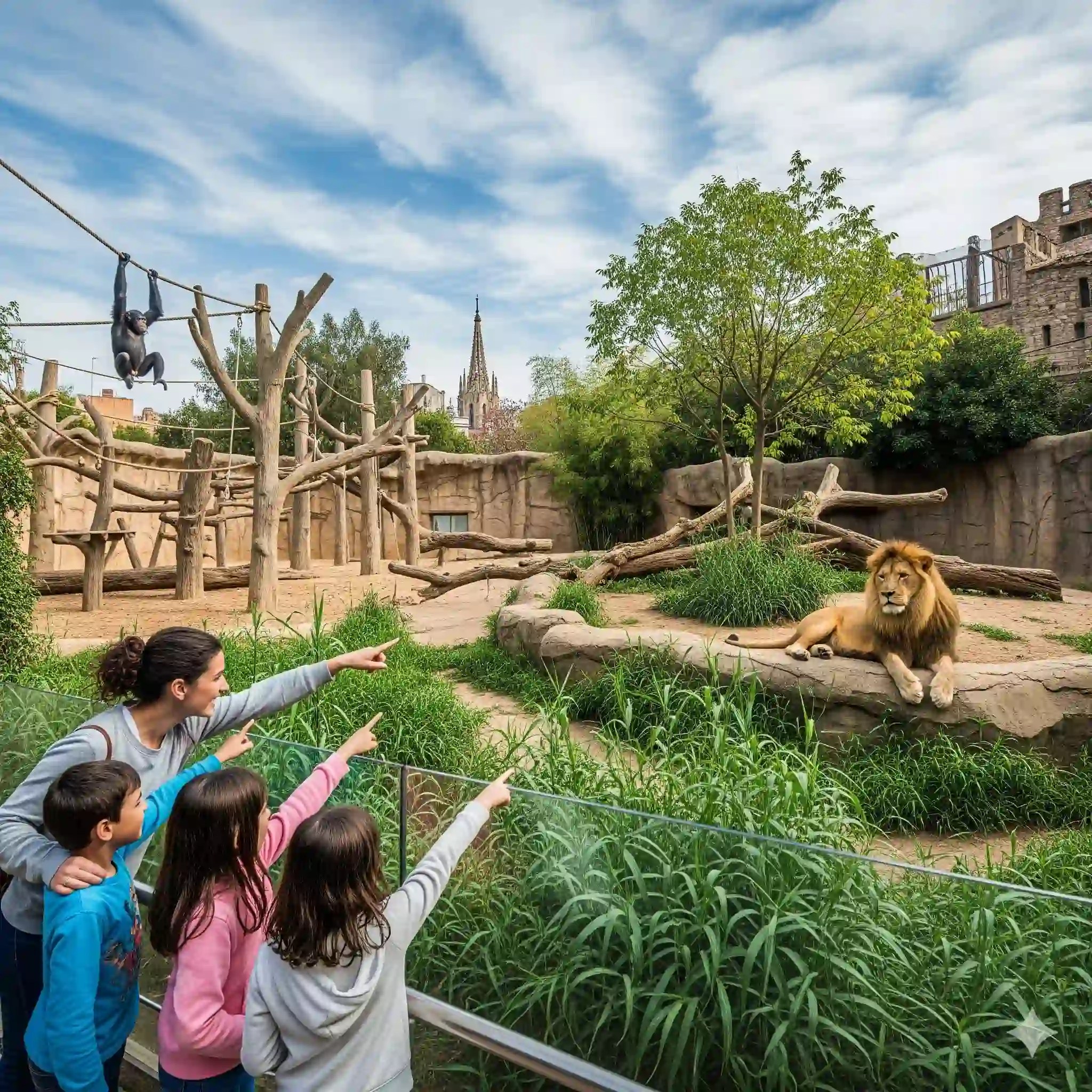 Barcelona Zoos Family points at a lion in a Barcelona zoo enclosure with trees and a climbing frame.