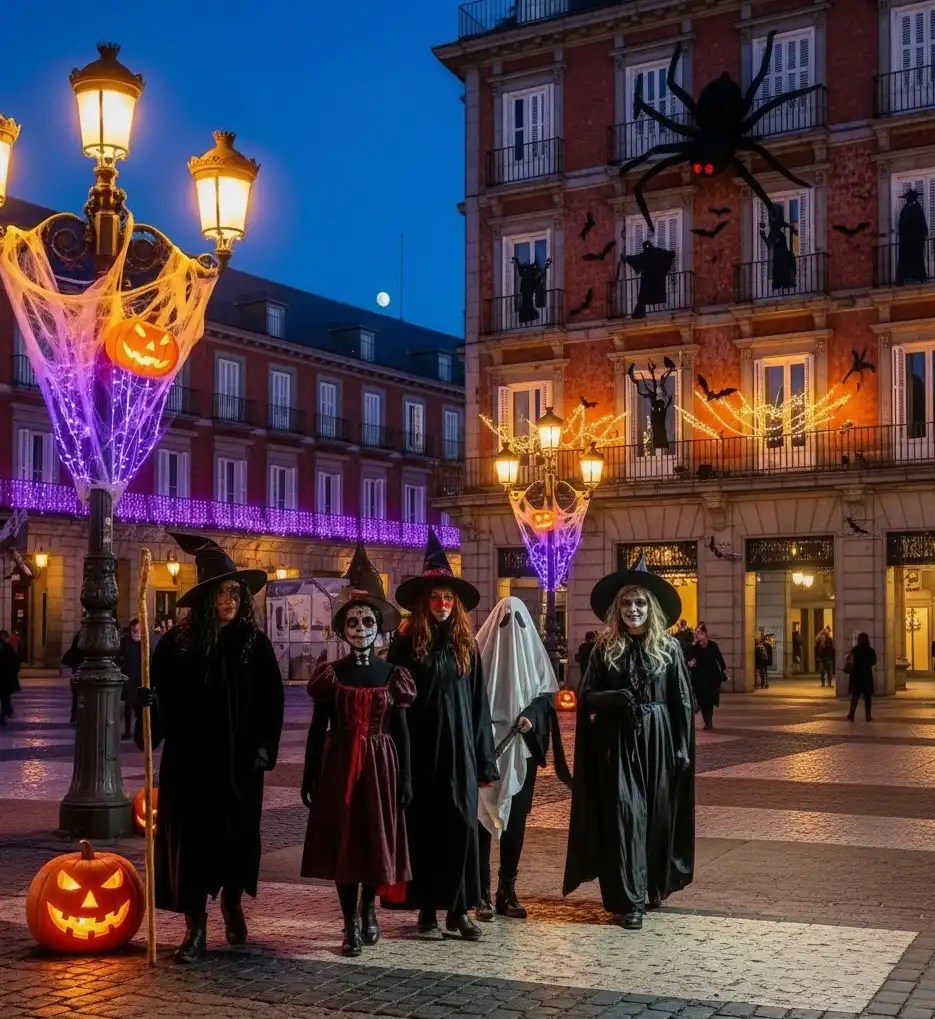 Halloween in Madrid People in Halloween costumes walk in a decorated plaza with lit pumpkins and cobwebs at dusk.