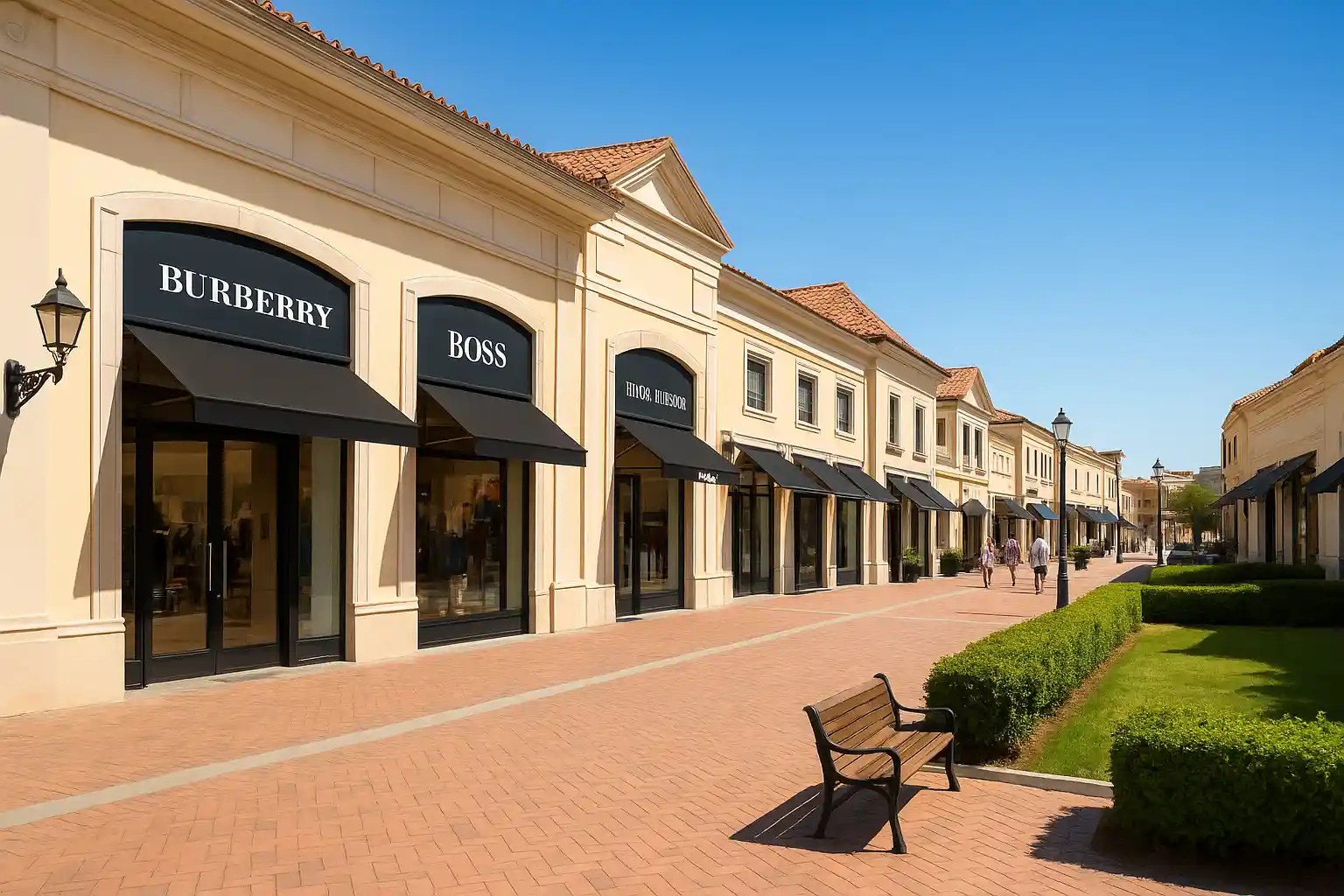 Lisboa outlets Outdoor shopping mall with Burberry and Boss stores under blue sky.