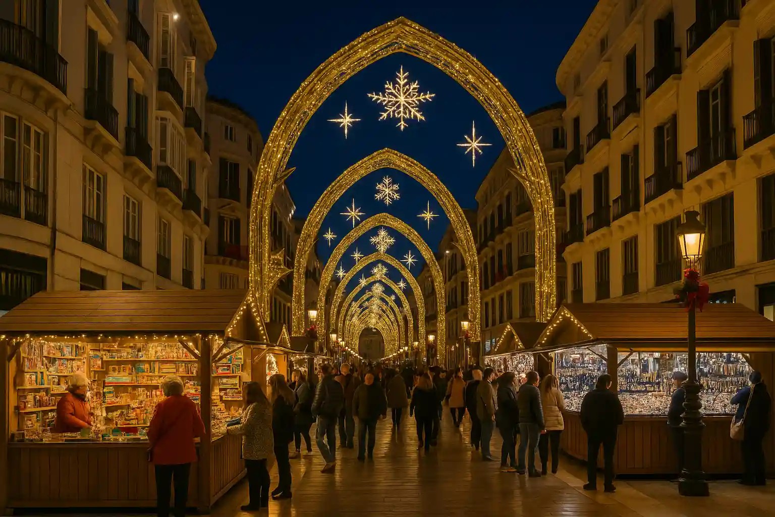 People walking through a festive market street with illuminated arches and star decorations at night.