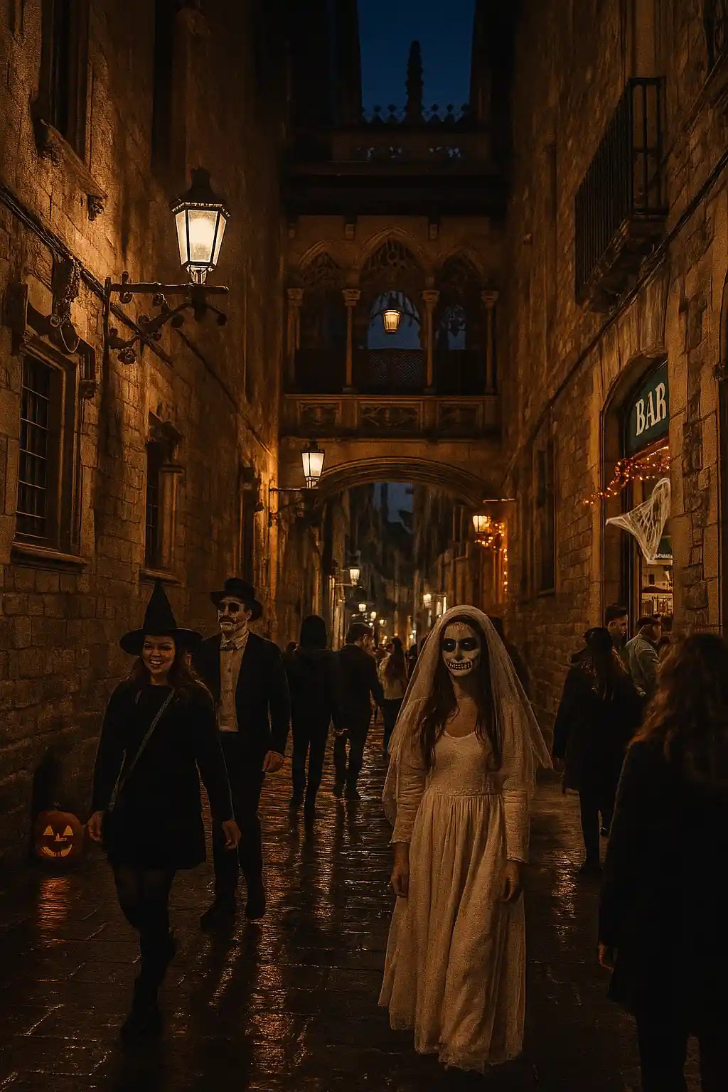 Halloween Barcelona People in Halloween costumes walk down a dimly lit medieval street at night.